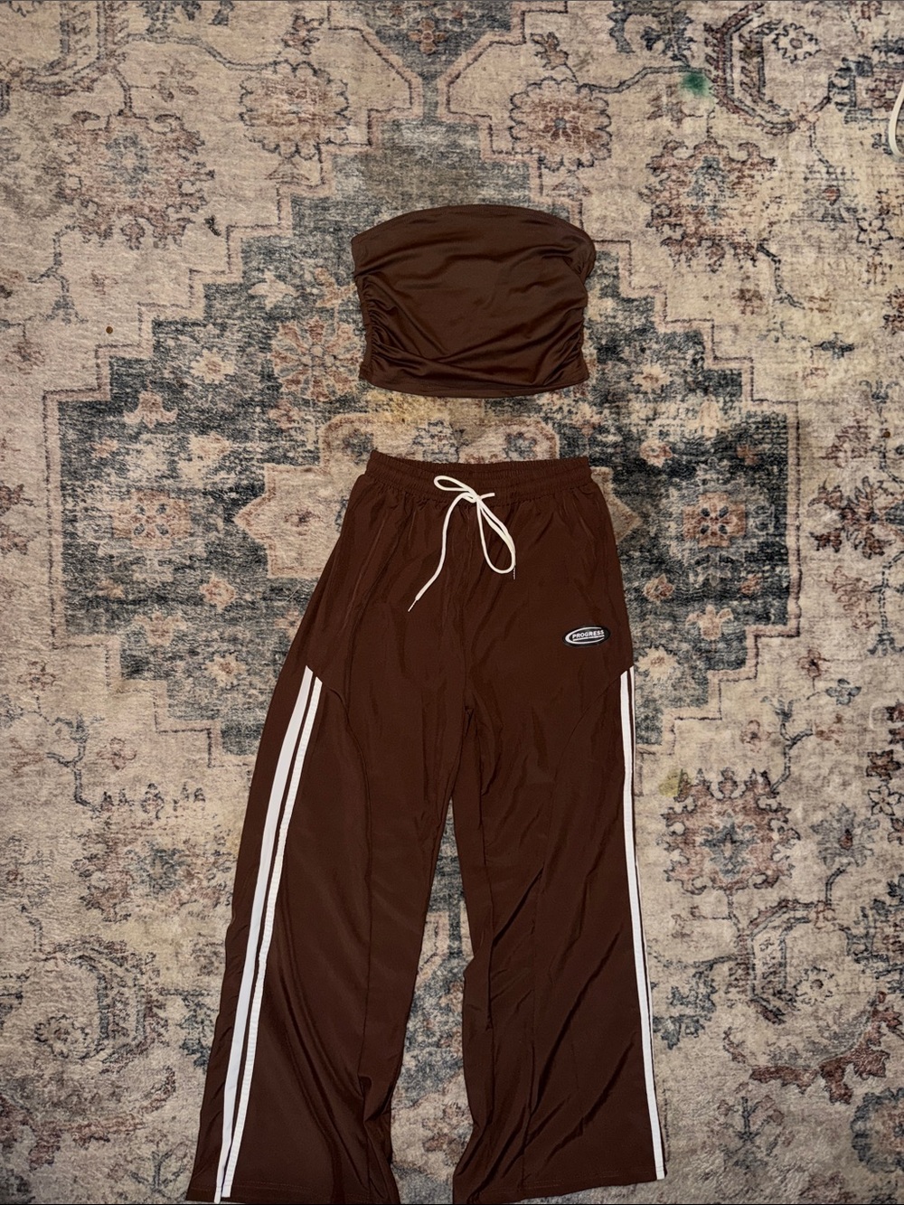 Brown Two-Piece Tube Top & Track Pants Set